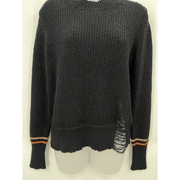Raquel Allegra Pullover Sweater Size 1 Black Knit Cotton Long Sleeve Distressed - Picture 6 of 14
